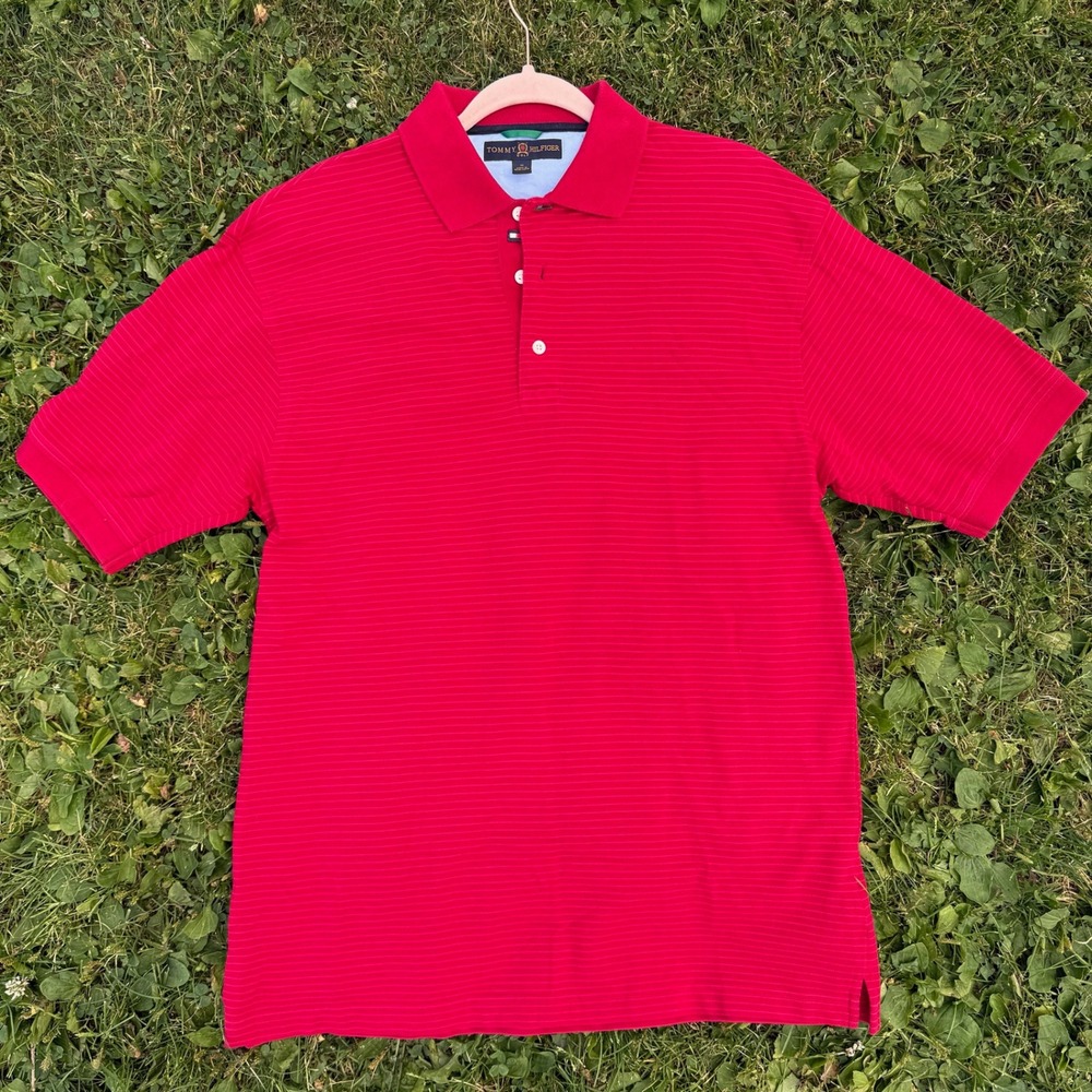 Tommy Hilfiger Golf Polo Shirt Medium Red Striped Short Sleeve Cotton Blend VTG